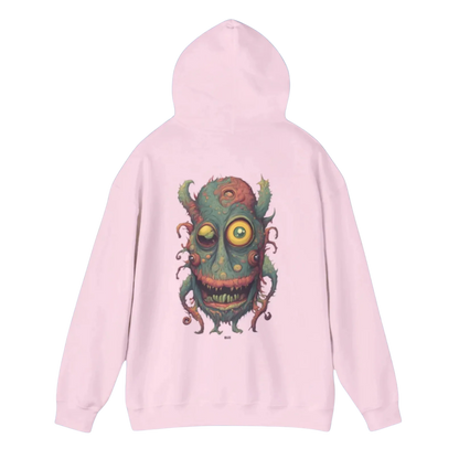 Bill | Hooded Jacket | Paddle Frogs™ light Pink hoodie with a colorful monster design on the back against a white background