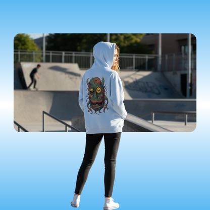 Bill | Hooded Jacket | Paddle Frogs™ model showcasing the backside of the light blue hoodie at a skatepark | Person wearing a light blue hoodie with a colorful design at a skate park