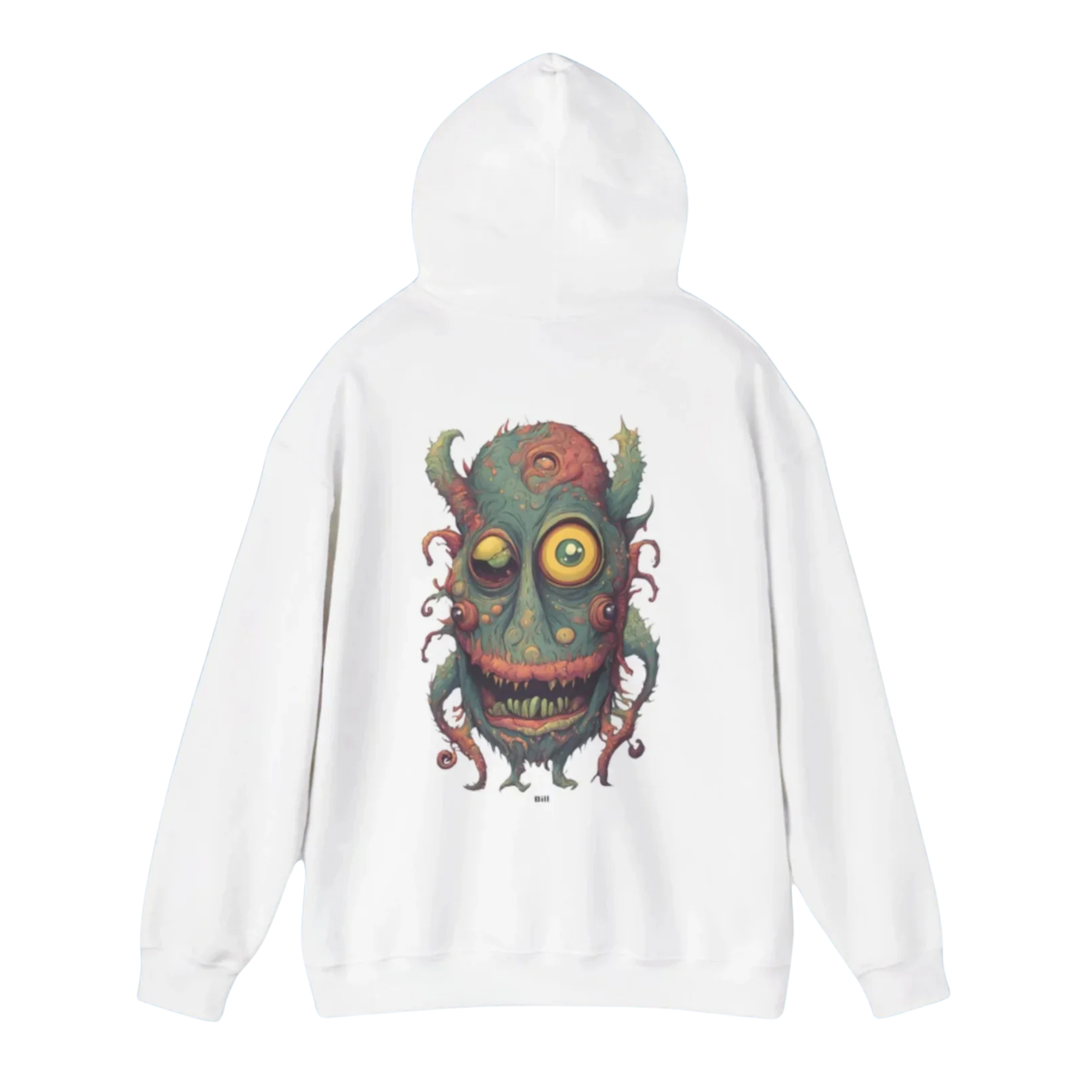 Bill | Hooded Jacket | Paddle Frogs™ White hoodie with a colorful monster graphic on a white background