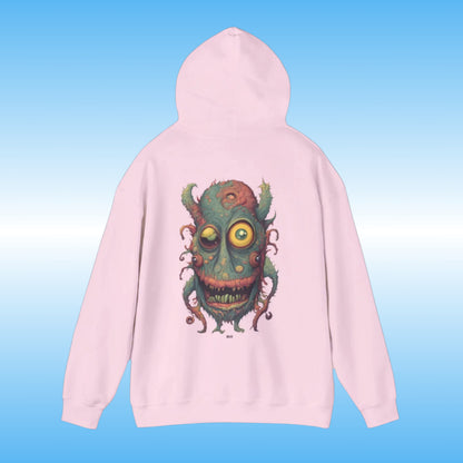 Bill – The Hoodie with Purpose light Pink backside with bill the creature character from Paddle Frogs logo