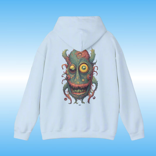 Bill – The Hoodie with Purpose light blue backside with bill the creature character from Paddle Frogs logo