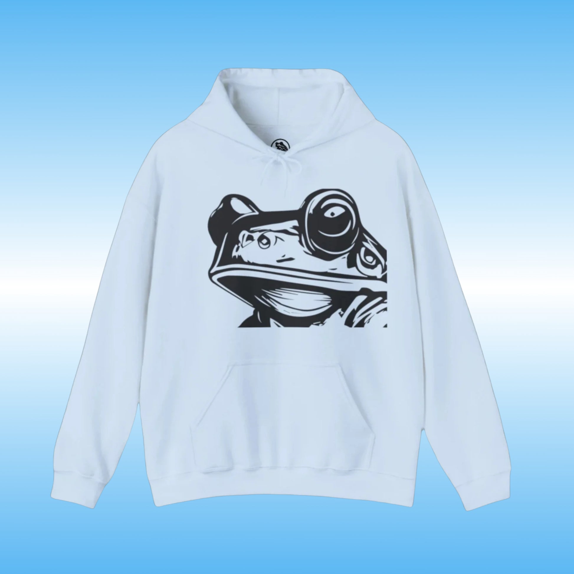 Bill – The Hoodie with Purpose light blue front frog face logo