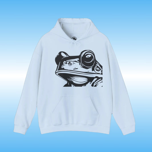 Bill – The Hoodie with Purpose light blue front frog face logo