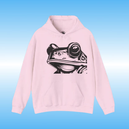 Bill – The Hoodie with Purpose pink frontside with bill the creature character from Paddle Frogs logo