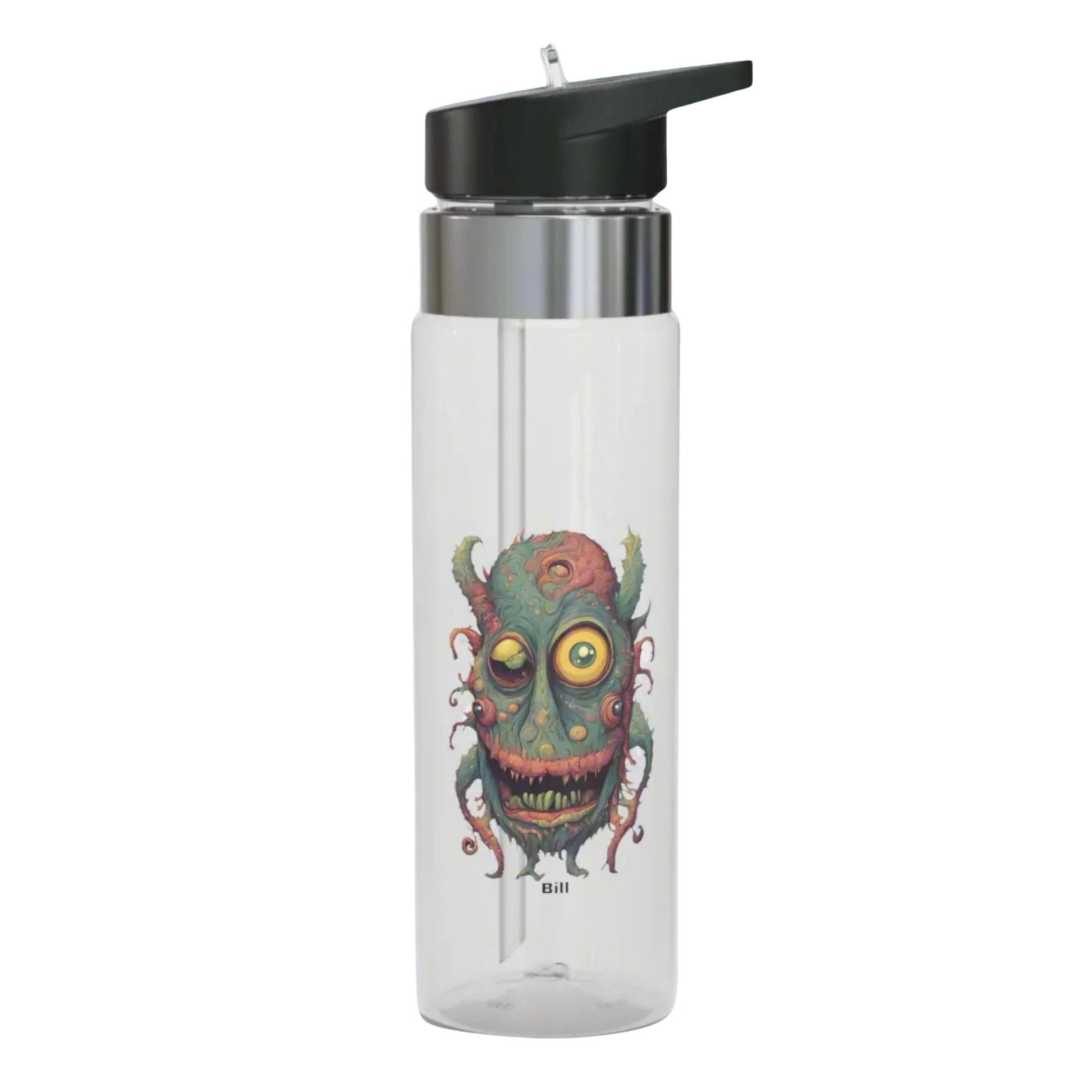 Bill by Paddle Frogs Outdoor Gear Clear water bottle with a colorful monster design on a white background