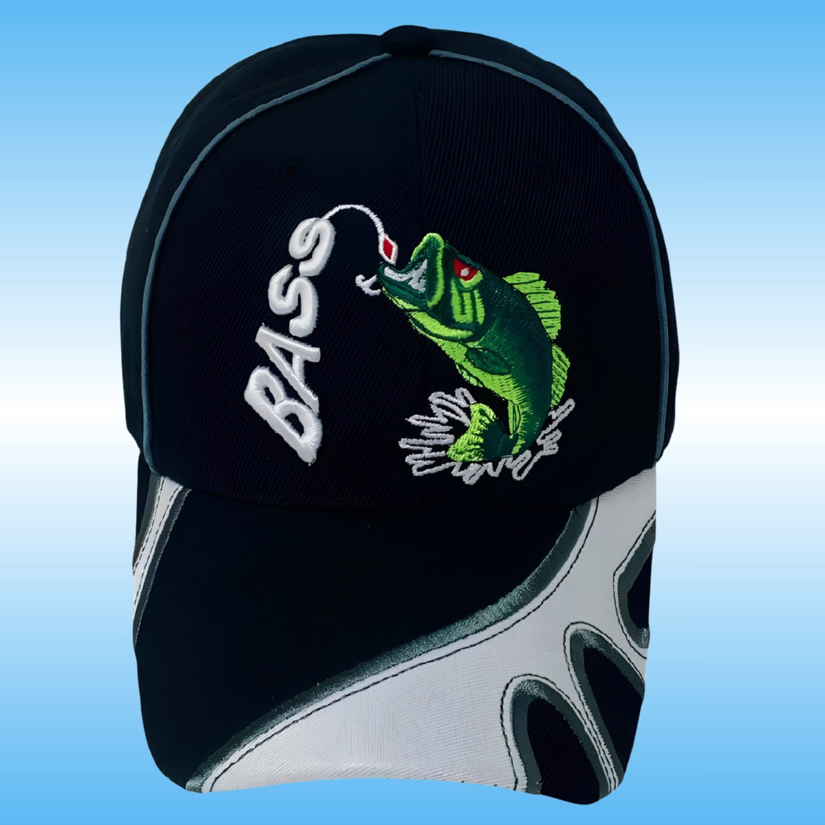 Black baseball cap with a green embroidered bass fishing graphic and white 'BASS' text on the front, shown against a blue gradient background.