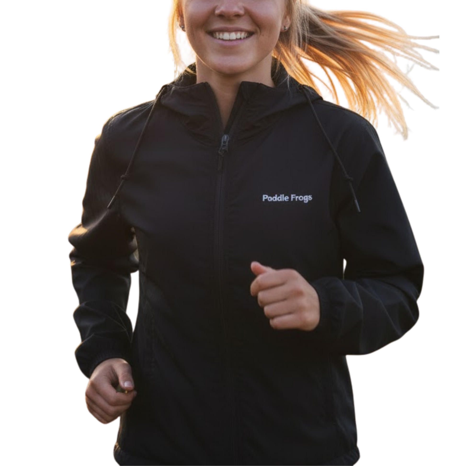 Person wearing a black jacket with 'Paddle Frogs' logo, running outdoors. Black Windbreaker Hooded Jacket Paddle Frogs™ Transparent background