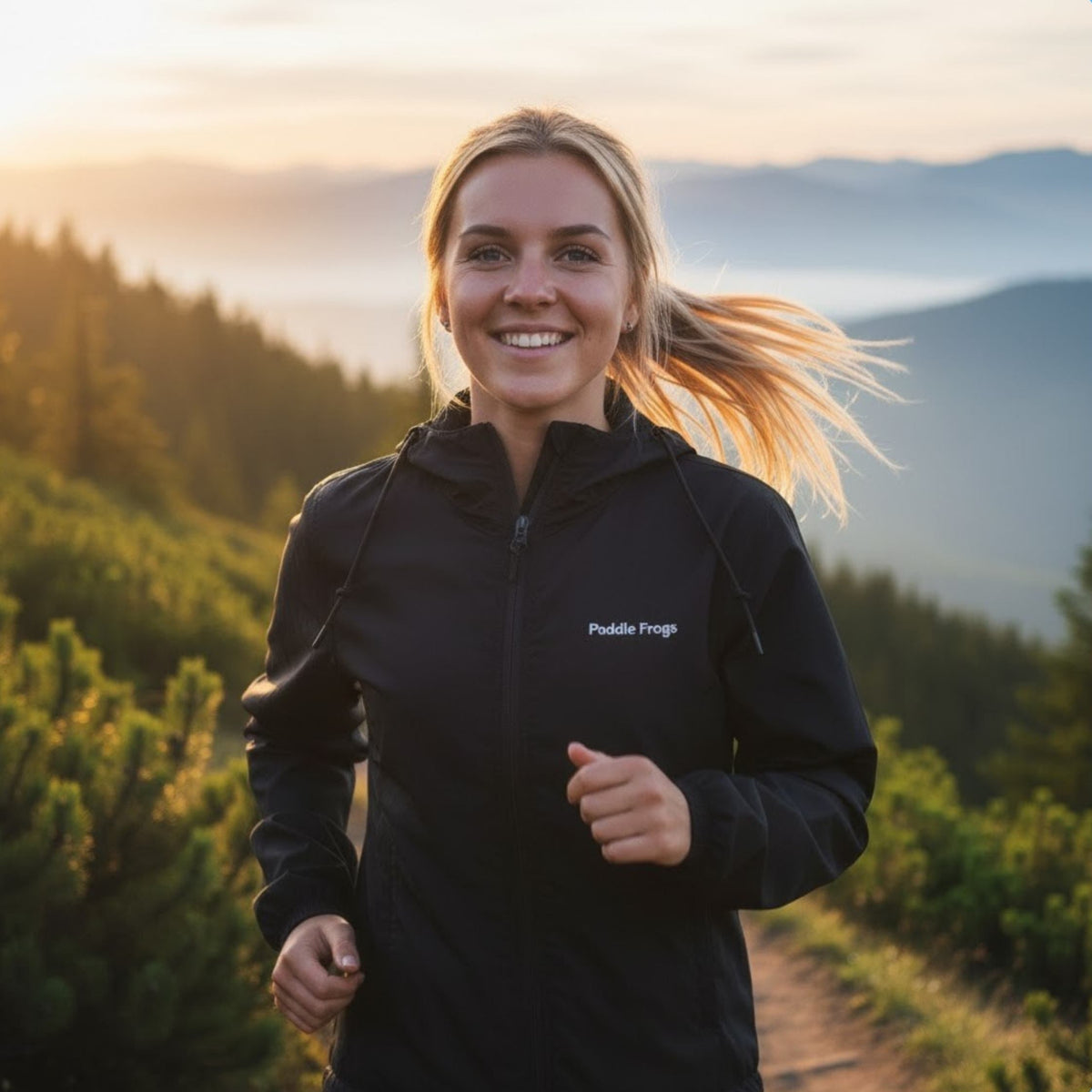 Ascend Windbreaker Paddle Frogs™ Hooded Jacket trail running packable, light weight in Black 