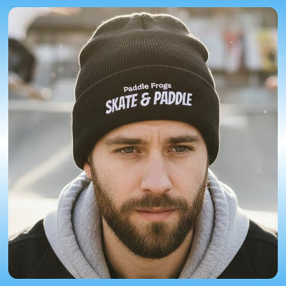 Black beanie hat - embroidered Skate & Paddle Paddle Frogs