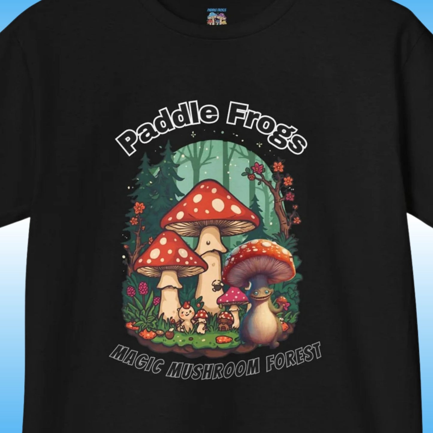 Black close up - Boletus | Magic Mushroom Forest Youth Tee - Paddle Frogs™ Kids - Black t-shirt with a colorful mushroom graphic and 'Paddle Frogs Magic Mushroom Forest' text on a blue background.
