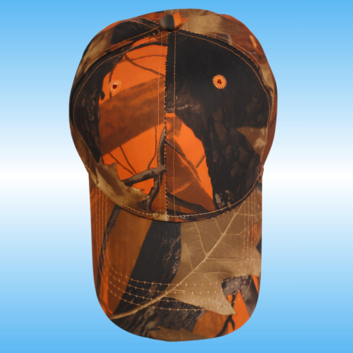 A baseball cap featuring an orange and black camouflage pattern, shown against a light blue gradient background.