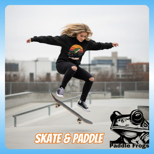 Blonde lady Skateboarding | Paddle Frogs™ Skate & Paddle Hoodie | Poetic Balance Black Retro - Person skateboarding at a park