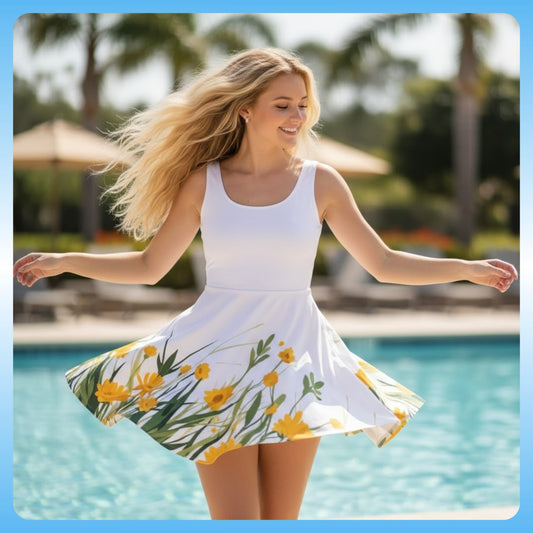 Blonde wearing white and yellow The Wild Nectar Longboard Dress Paddle Frogs Outdoor Gear Skate & Paddle | Woman wearing a white dress with floral design by a poolside