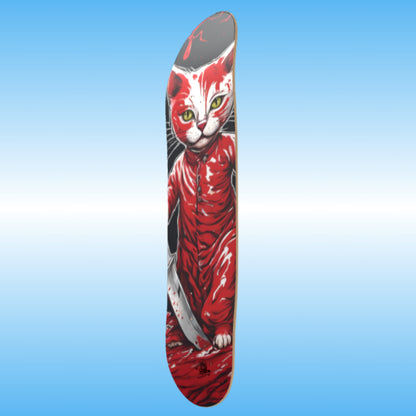 Bloody Kitty | Professional Skateboard Deck | Paddle Frogs | one 1 Angles of the Skate Deck Skateboard deck with a red and black cat design on a blue gradient background