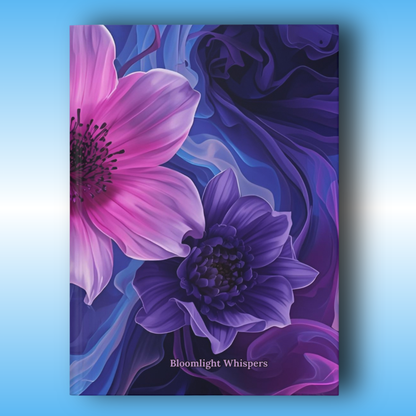 Bloomlight Whispers - Paddle Frogs Journal - Hard Cover | Poetry, Purple, Pink, Blue Flowers - Front Cover | Floral design with pink and purple flowers on a blue background