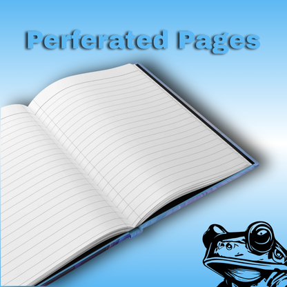 Bloomlight Whispers - Paddle Frogs Journal - Hard Cover | Poetry, Purple, Pink, Blue Flowers - Open Inside with perforated pages shown flower perspective | Open notebook with perforated pages on a blue background