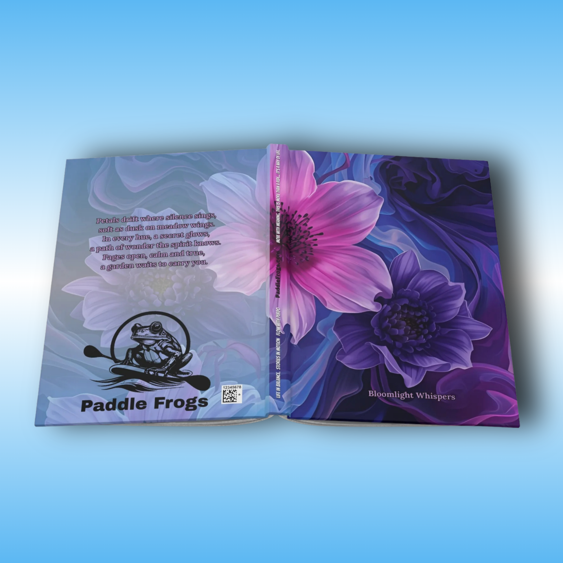 Bloomlight Whispers - Paddle Frogs Journal - Hard Cover | Poetry, Purple, Pink, Blue Flowers - Open front and back cover shown flower perspective with Poem