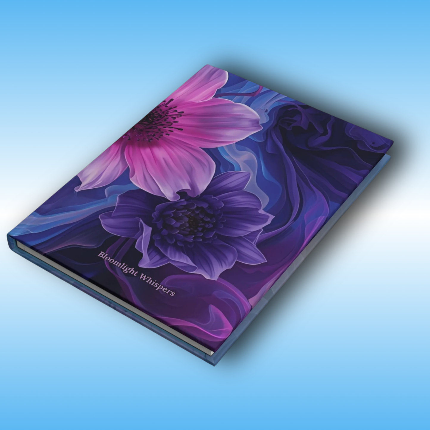 Bloomlight Whispers - Paddle Frogs Journal - Hard Cover | Poetry, Purple, Pink, Blue Flowers - front flower perspective | Notebook with floral design on a blue gradient background