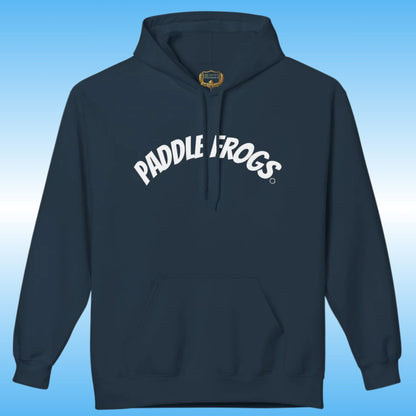 A Dusk blue pullover hoodie with 'PADDLE FROGS' printed in retro white arched text across the chest, shown against a light blue gradient background.