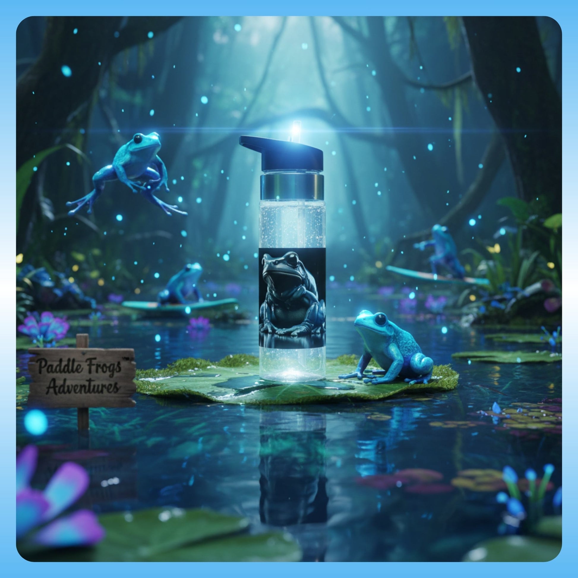 Blue Frog crystal clear water bottle by Paddle Frogs Outdoor Gear | Frogs in a mystical forest setting with a glowing water bottle.