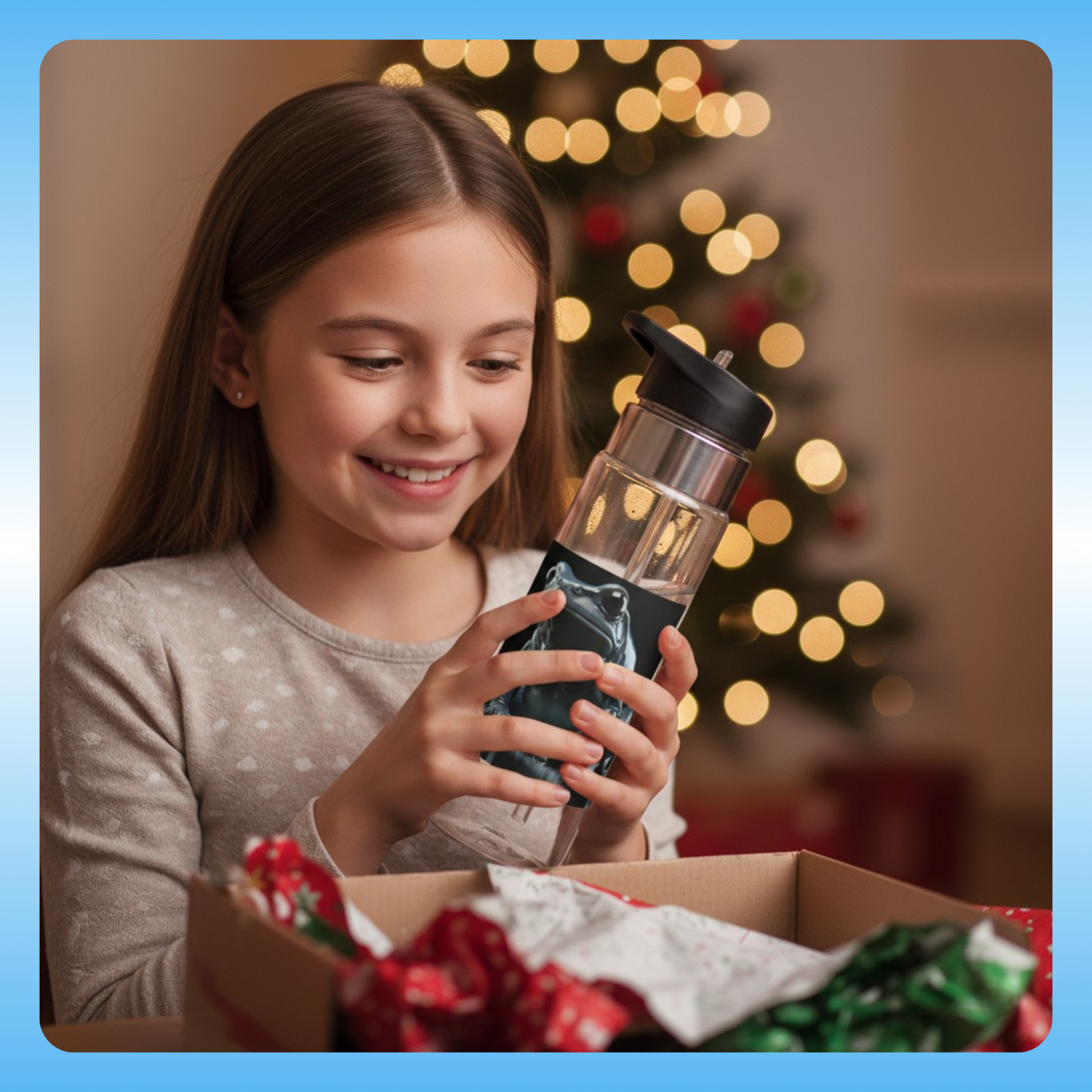 Blue Frogs | Crystal Clear Water Bottle | Paddle Frogs Outdoor Gear Young girl opening a gift box with a water bottle inside, Christmas tree in the background