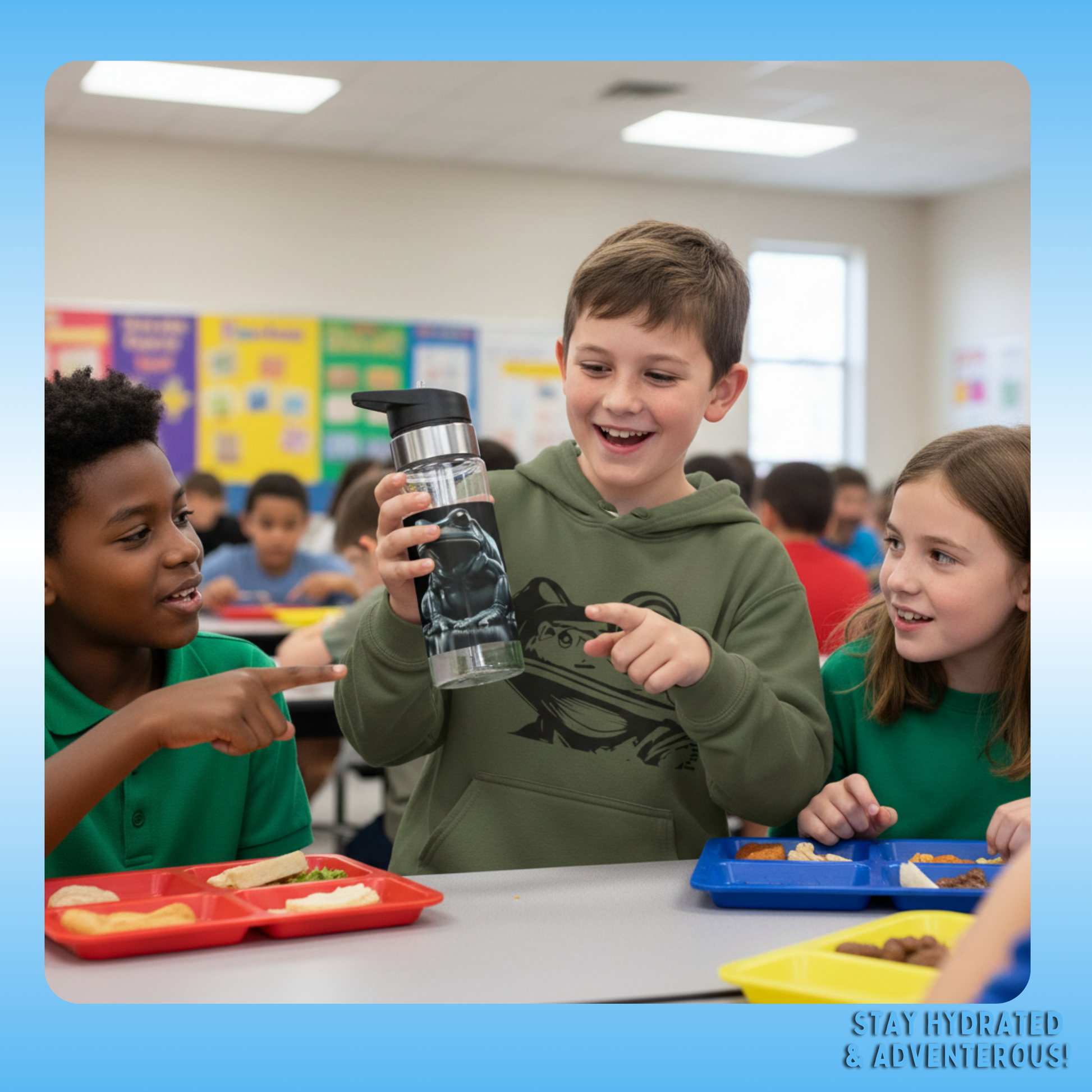 Blue Frog Crystal Clear Water Bottle by Paddle Frogs Outdoor Gear | Children in a classroom setting with one holding a water bottle, surrounded by lunch trays.