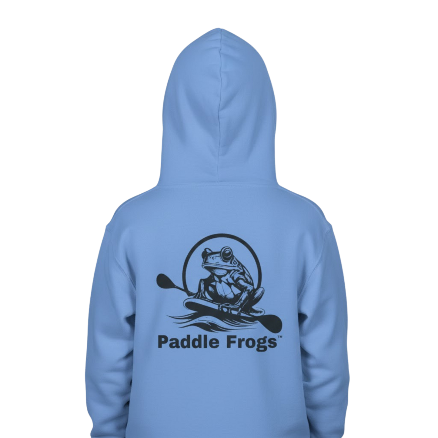 Light blue hoodie with 'Paddle Frogs' logo on the back against a white background