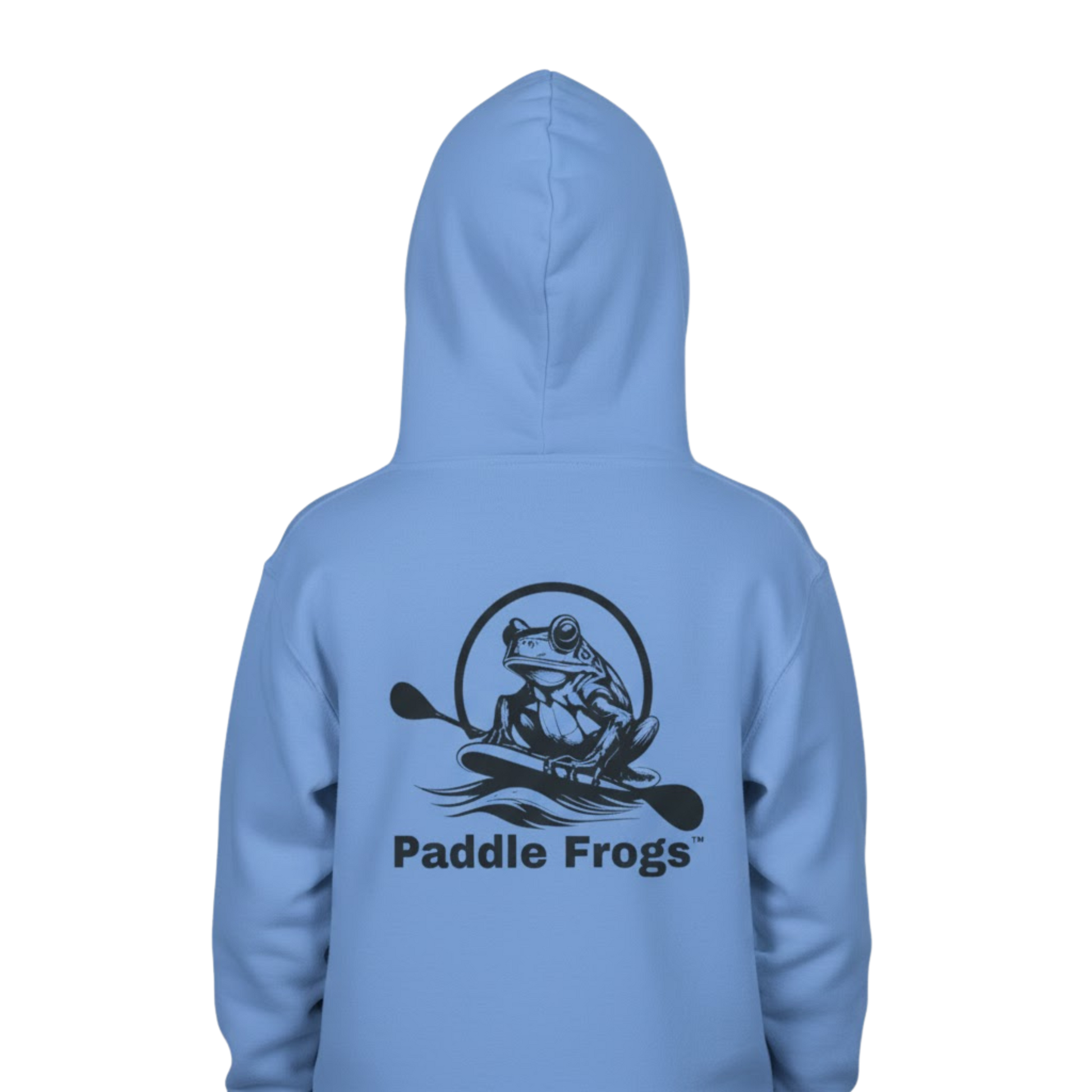 Light blue hoodie with 'Paddle Frogs' logo on the back against a white background