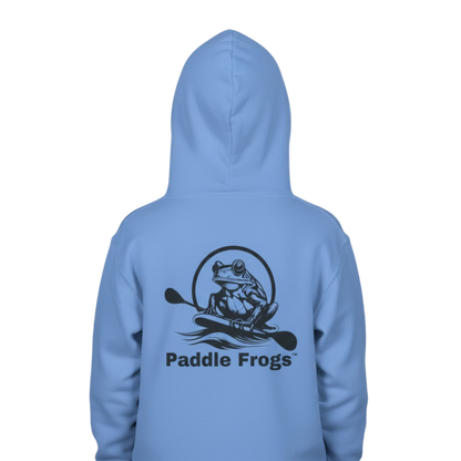 Light blue hoodie with 'Paddle Frogs' logo on the back against a white background