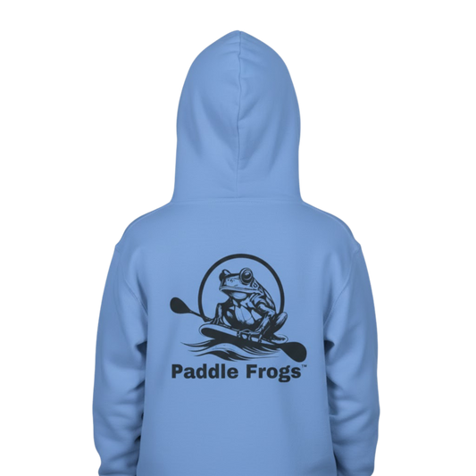 Light blue hoodie with 'Paddle Frogs' logo on the back against a white background