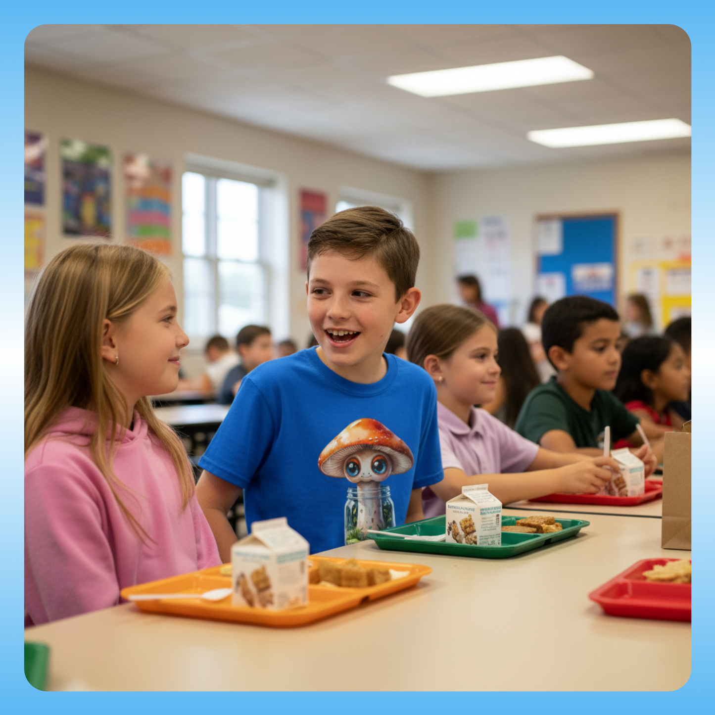 Blue Sporeli From the world of Paddle Frogs Musical Stories comes the Sporeli Youth T-Shirt, a playful and imaginative design that sparks curiosity and adventure. Perfect for children who love music, storytelling, and magical characters | Children sitting at a table in a classroom setting, enjoying their lunch.