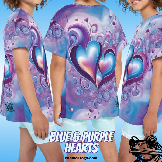 Blue and Purple Hearts 3 three angles Love Paddle Frogs Kids T-Shirt Children wearing t-shirts with blue and purple heart designs on a blue background.