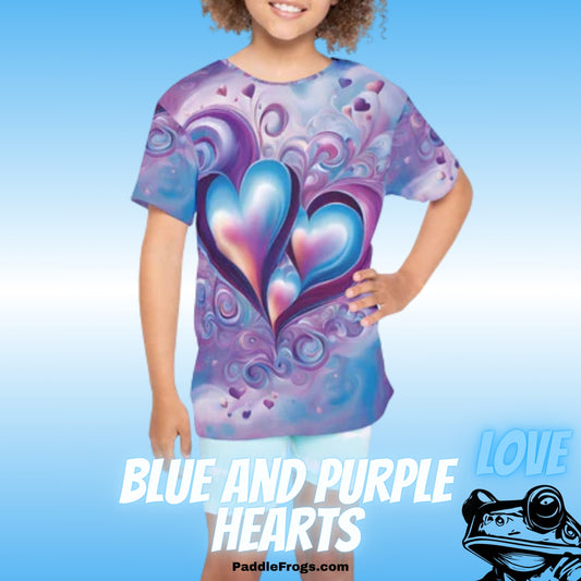 Blue and Purple Hearts Love Paddle Frogs Kids T-Shirt Child wearing a t-shirt with blue and purple hearts design on a blue background