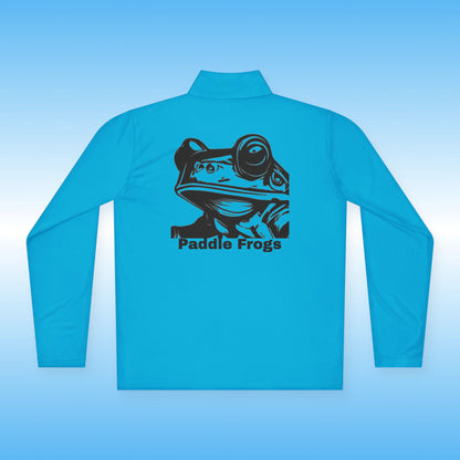 Blue long-sleeve shirt with a frog graphic and 'Paddle Frogs' text on a light blue background