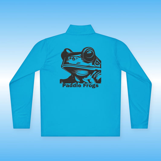 Blue long-sleeve shirt with a frog graphic and 'Paddle Frogs' text on a light blue background