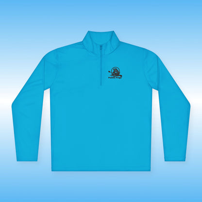Blue long-sleeve shirt with the Paddle Frogs logo on a light blue background