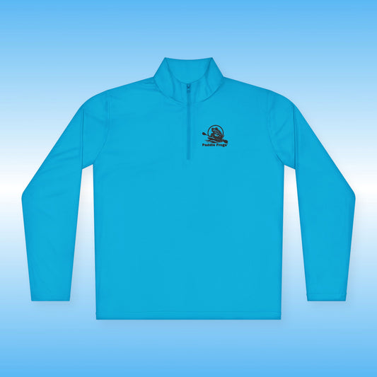 Blue long-sleeve shirt with the Paddle Frogs logo on a light blue background