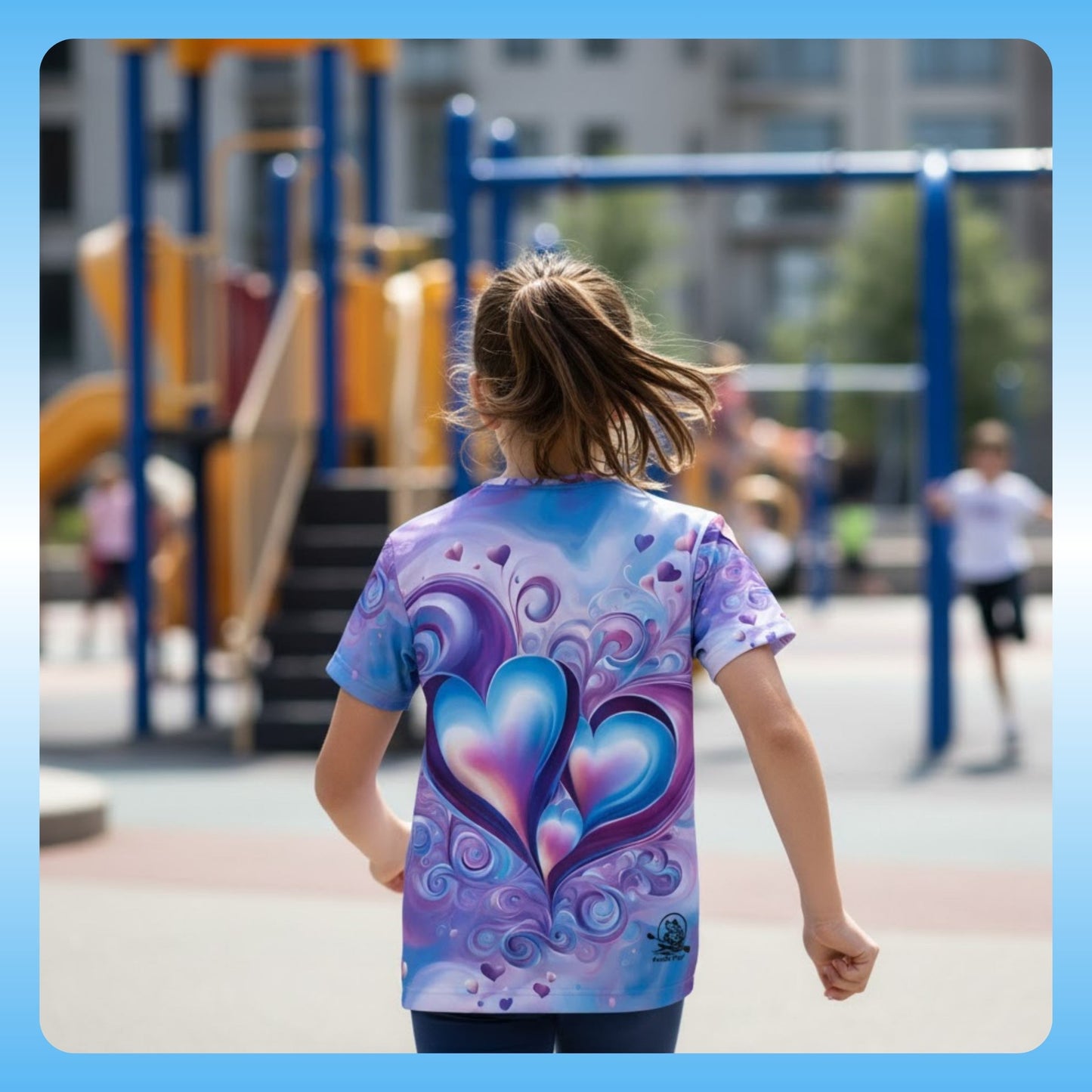 Blue n' Purple Hearts | Kids Sports Shirt - 10 year old Girl running to the playground
