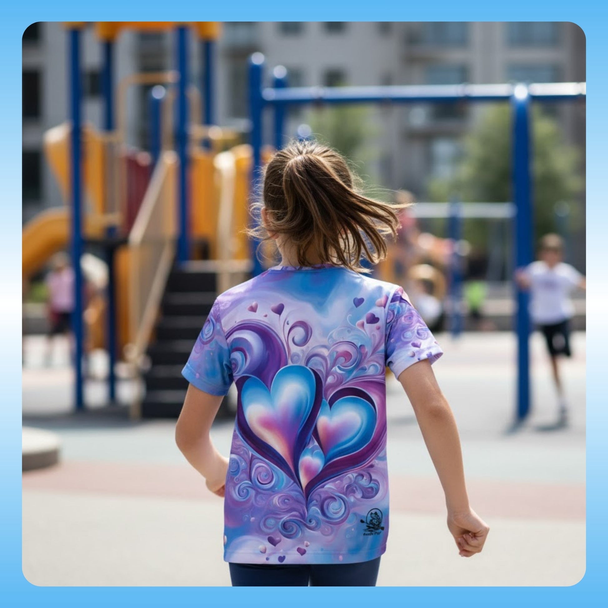 Blue n' Purple Hearts | Kids Sports Shirt - 10 year old Girl running to the playground