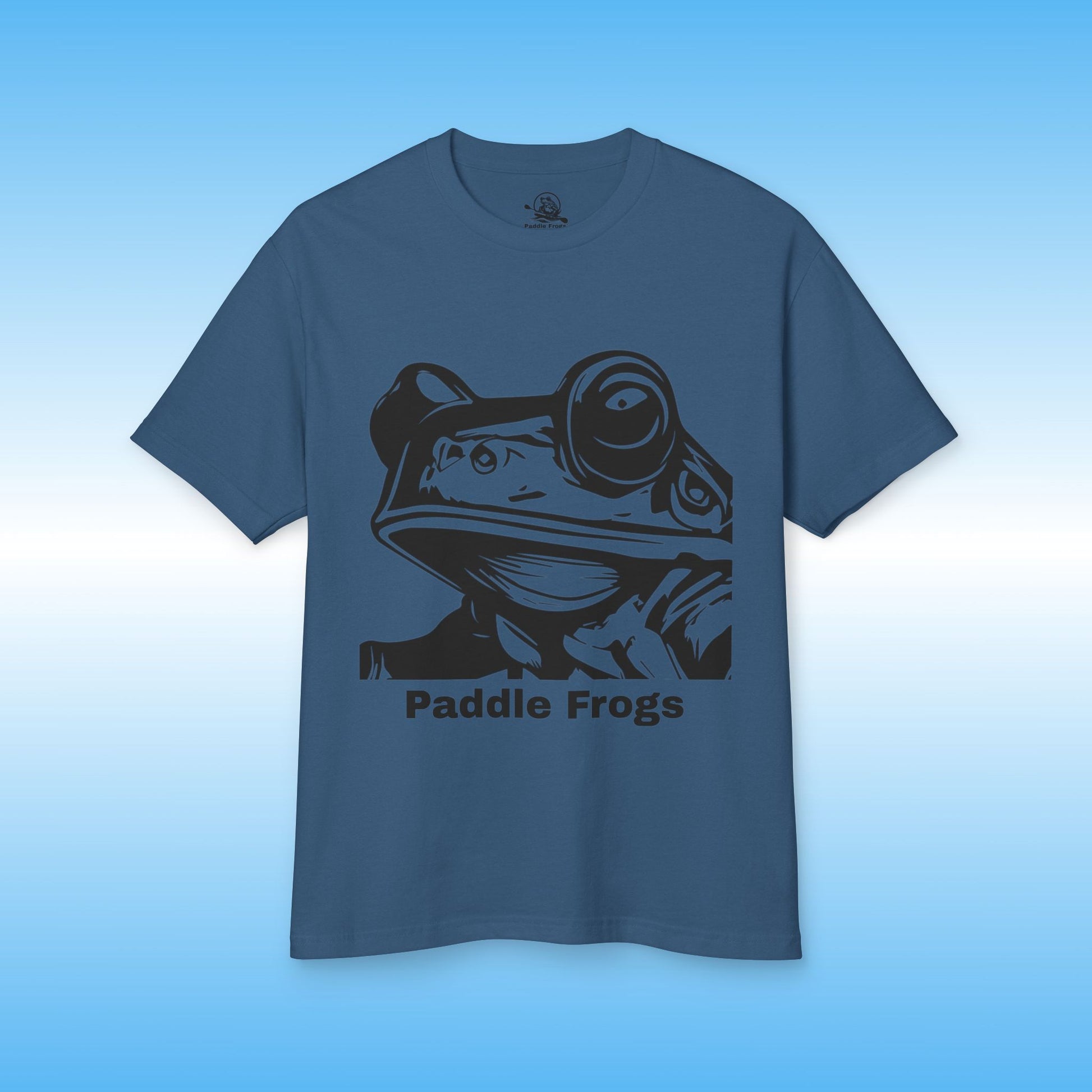 Blue t-shirt with a black frog graphic and 'Paddle Frogs' text on a blue background