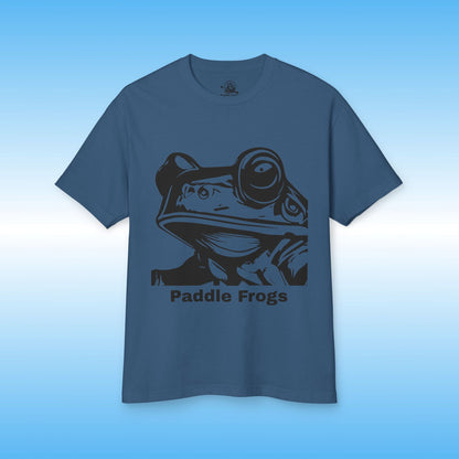 Blue t-shirt with a black frog graphic and 'Paddle Frogs' text on a blue background
