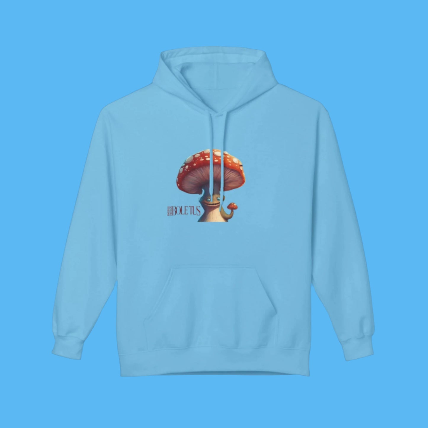 Boletus Blue Hoodie Paddle Frogs mushroom character graphic hooded jacket with pockets, Boletus on front and back Grey chill Blue sweatshirt