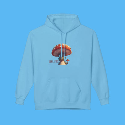 Boletus Blue Hoodie Paddle Frogs mushroom character graphic hooded jacket with pockets, Boletus on front and back Grey chill Blue sweatshirt