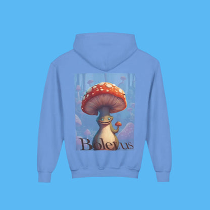 Boletus Blue hoodie Paddle Frogs mushroom character. Kangaroo Pocket, Hood, Cozy, kids and young adults, youth hooded jacket coat in bright blue for you