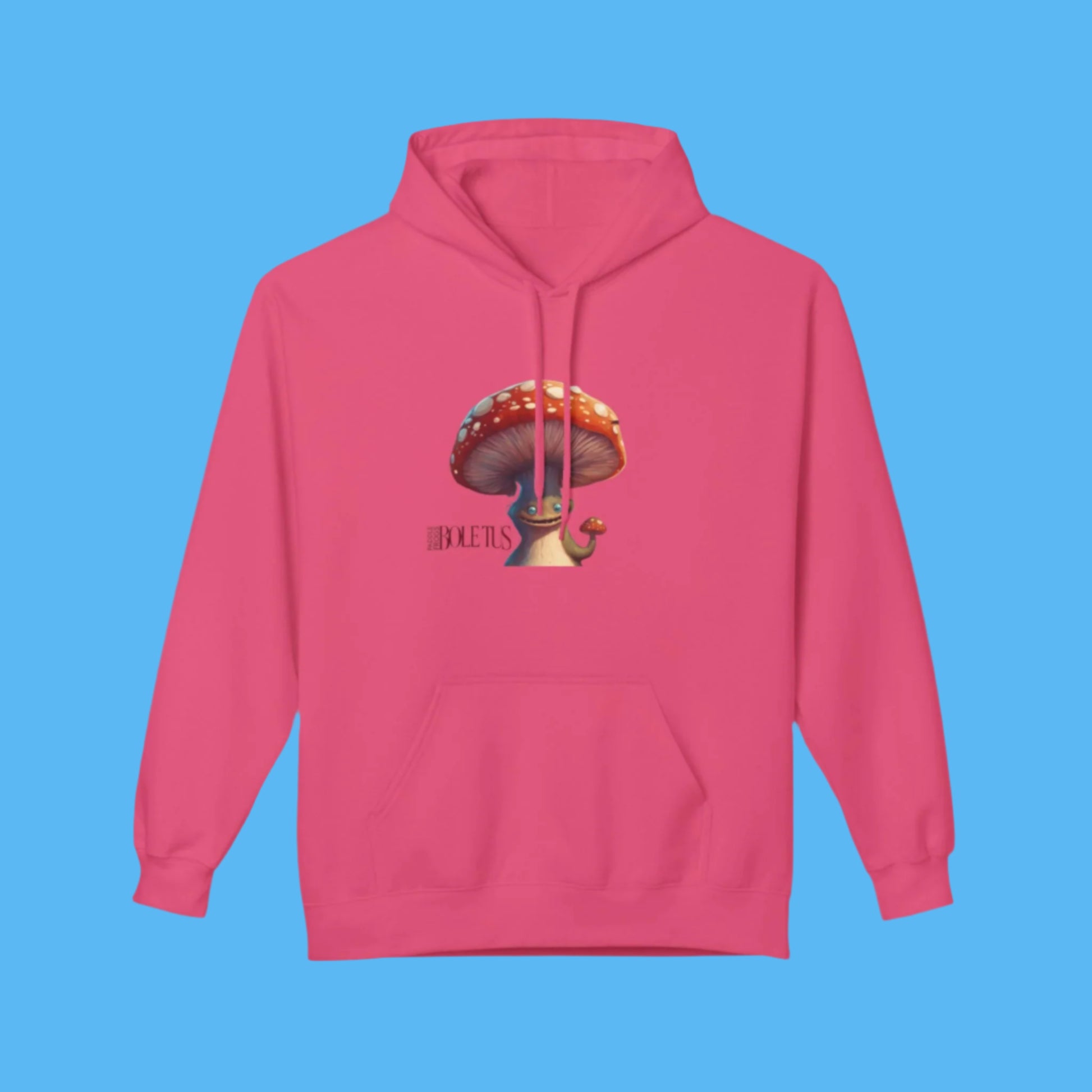 Boletus Bright Pink Hoodie Paddle Frogs mushroom character graphic hooded jacket with pockets, Boletus on front and back chill vibrant pink sweatshirt