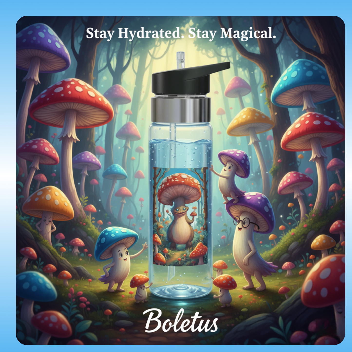 Paddle Frogs™ Boletus Crystal Clear Water bottle with cartoon mushrooms in a forest setting, featuring the 'Boletus'.