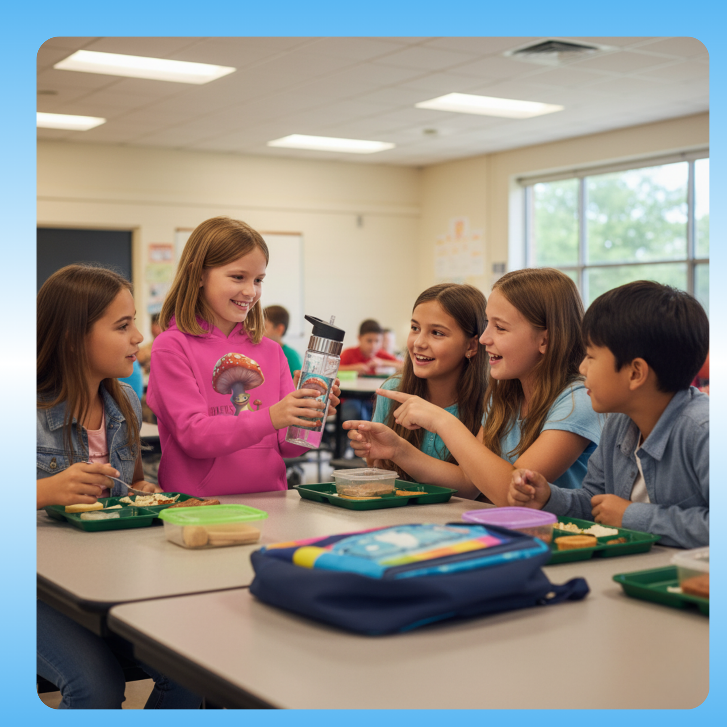 Boletus | Crystal Clear Water Bottle Paddle Frogs™ Outdoor Gear at lunch | Children sitting at a table in a classroom, engaging with each other.