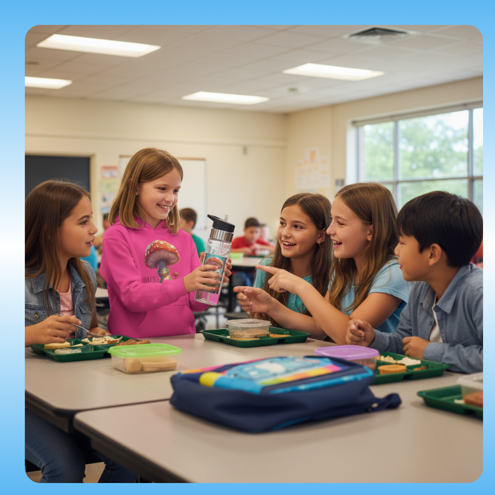 Boletus | Crystal Clear Water Bottle Paddle Frogs™ Outdoor Gear at lunch | Children sitting at a table in a classroom, engaging with each other.