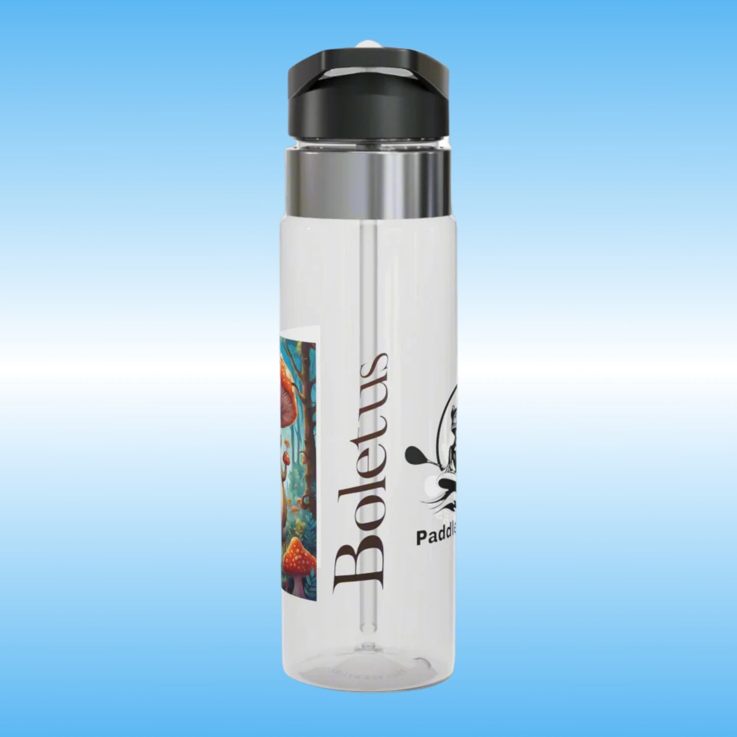 Boletus | Crystal Clear Water Bottles Paddle Frogs (Side View) Boletus written between the PF Logo and the mushroom character Boletus