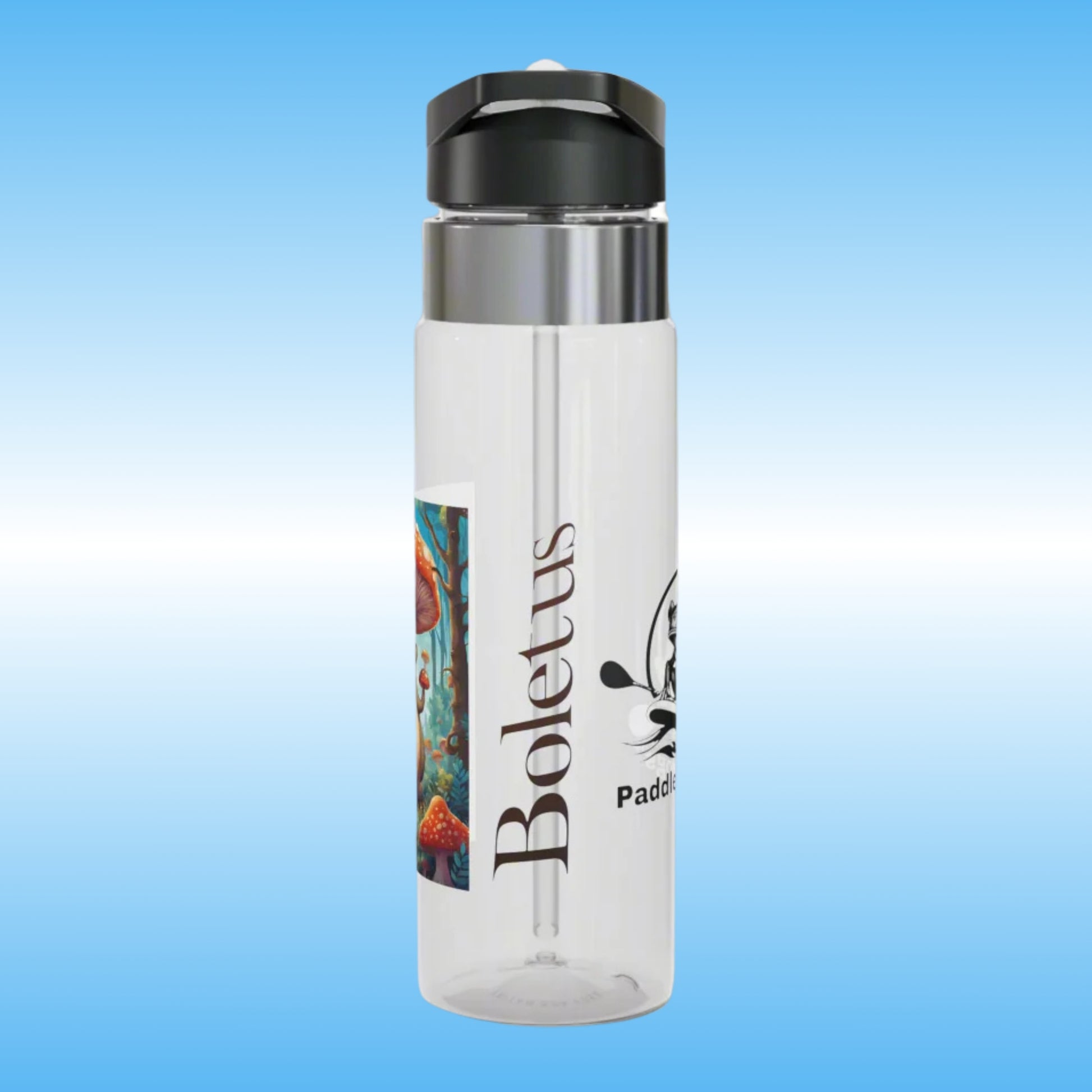 Boletus | Crystal Clear Water Bottles Paddle Frogs (Side View) Boletus written between the PF Logo and the mushroom character Boletus
